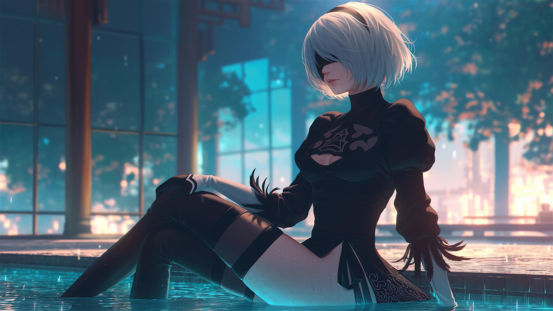 2B from Nier sitting by a rainy pool illuminated by moonlight