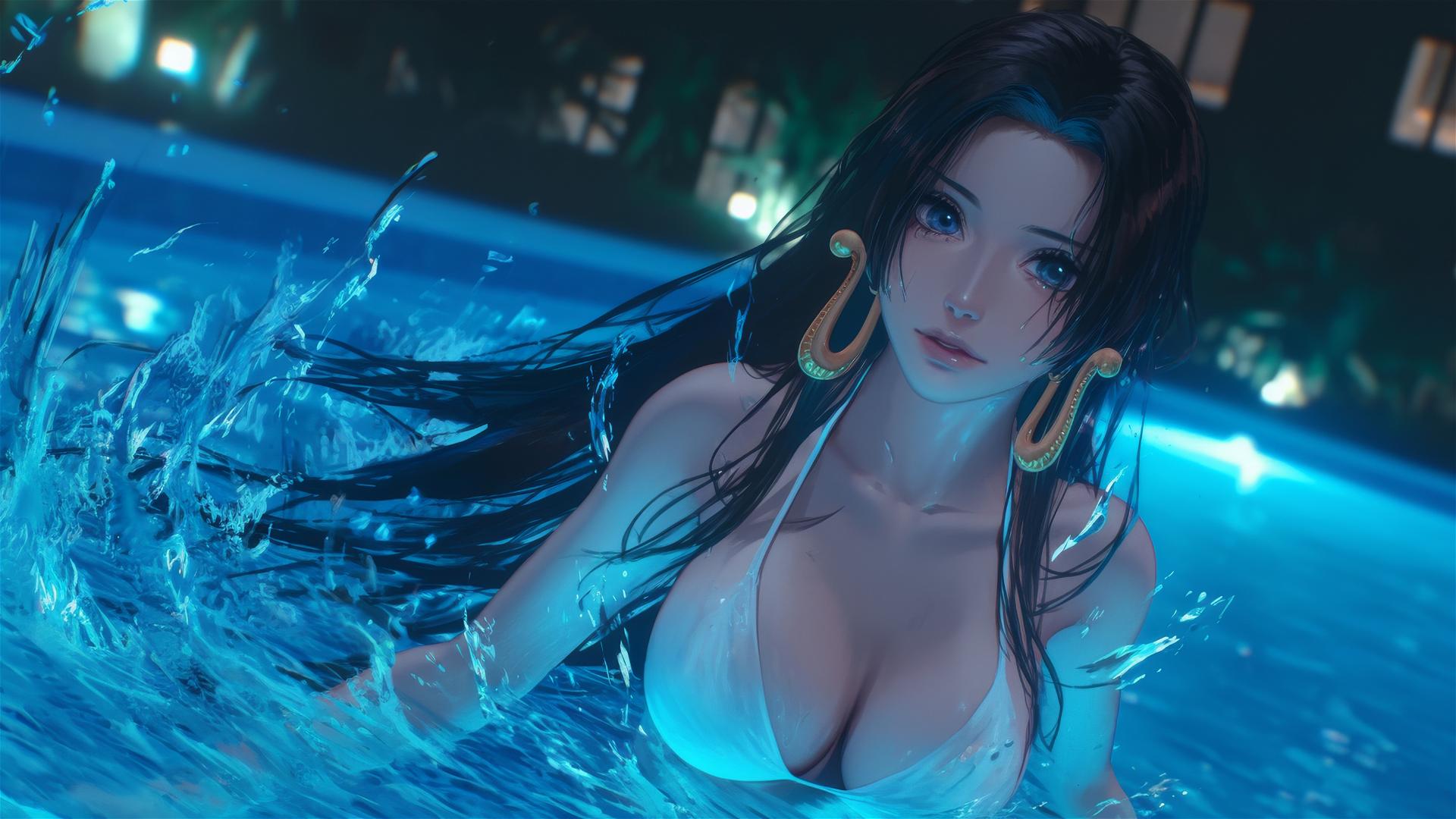 High angle view of Boa Hancock jumping out of a pool under moonlight
