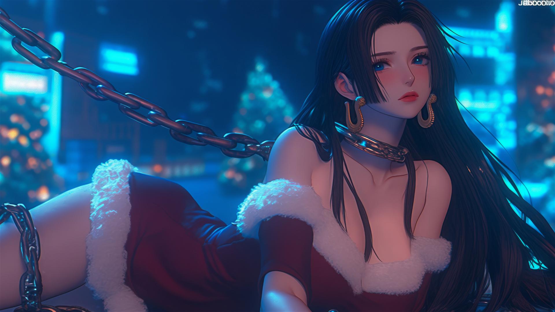 Boa Hancock in a Christmas costume, chained in a neon-lit hotel room