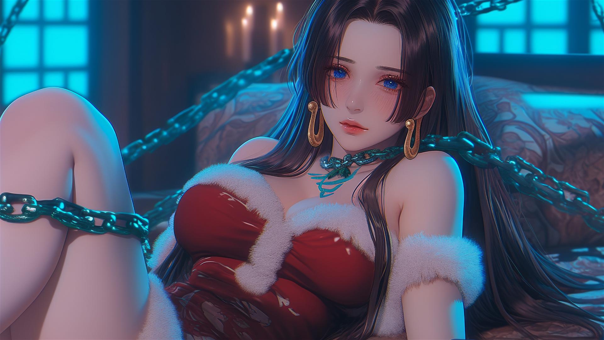 Boa Hancock in a Christmas costume, chained in a hotel room lit by neon.