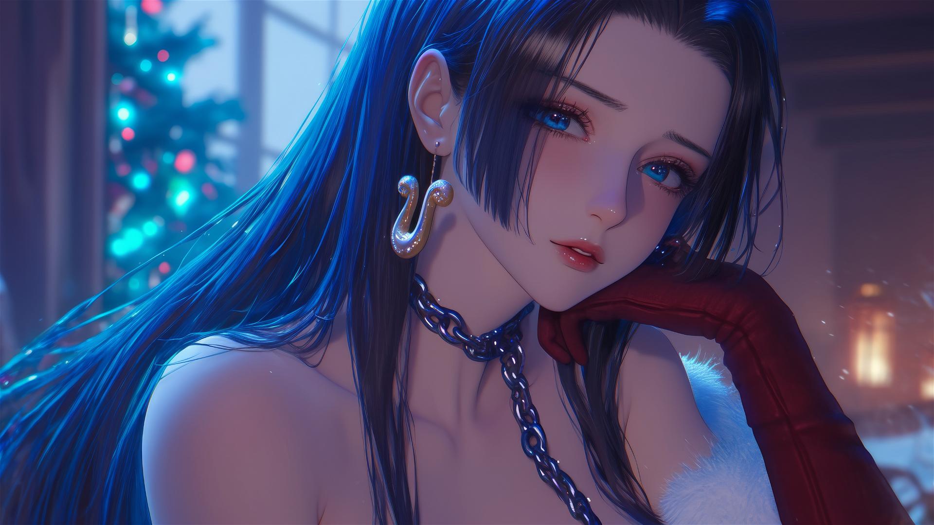 Boa Hancock from One Piece in Christmas costume, chained, neon-lit modern hotel room