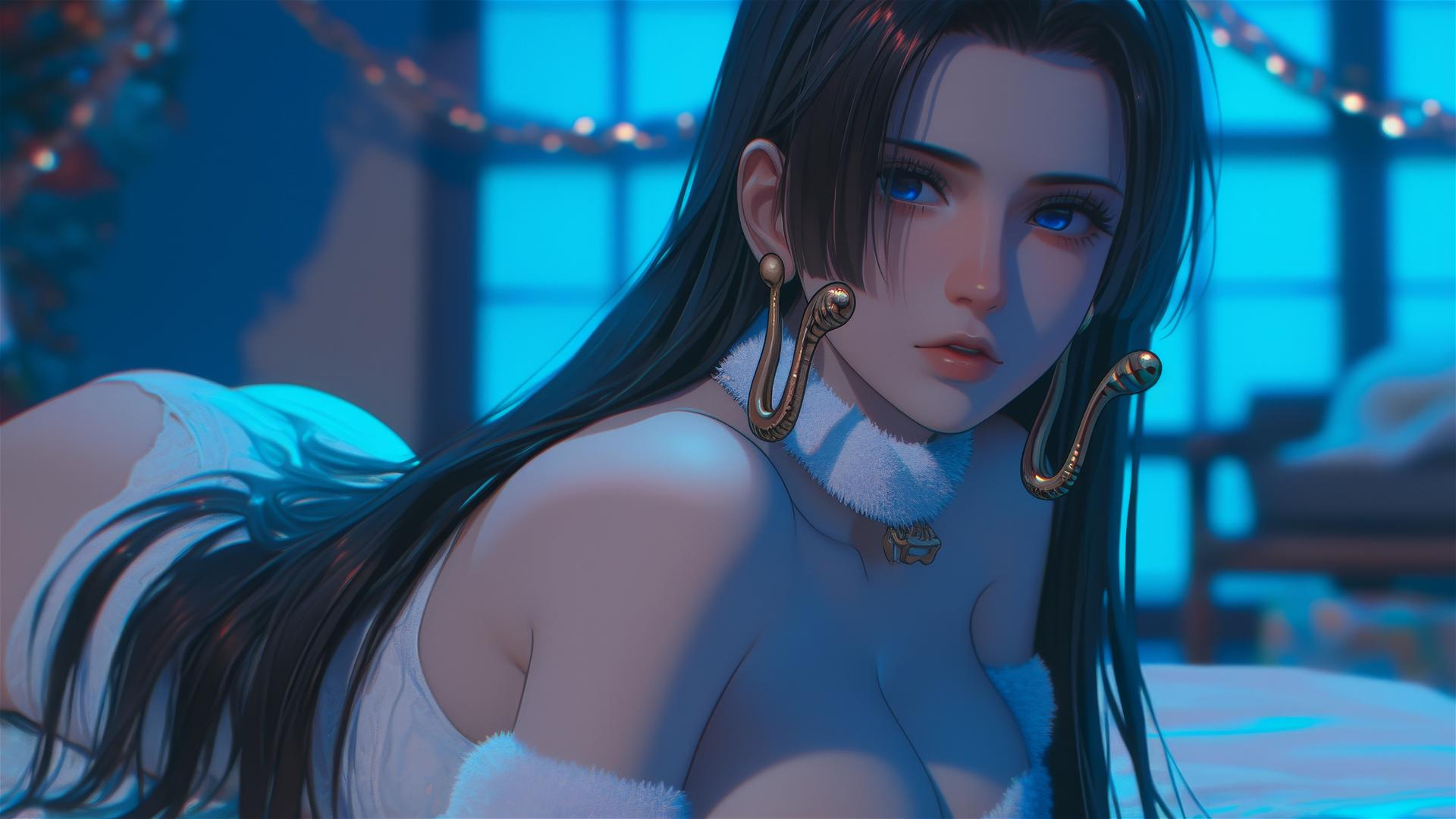 Boa Hancock in Christmas attire, chained in a neon-lit hotel room