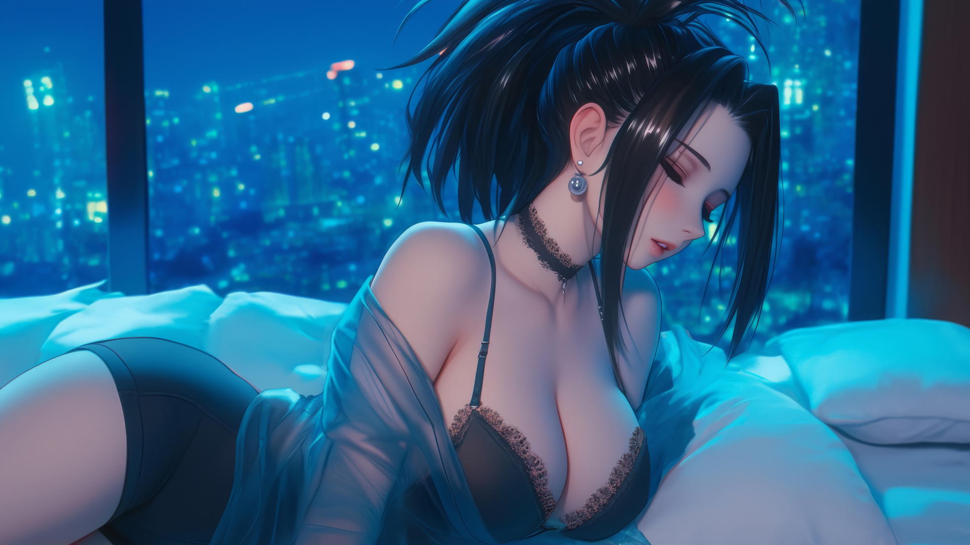 Momo Yaoyorozu in a modern hotel room with neon lighting