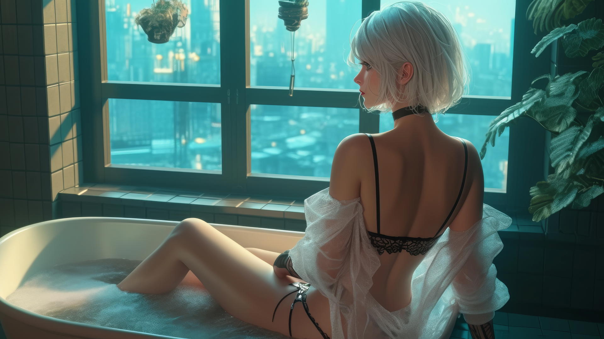2B from Nier seen from behind in a modern apartment with soft glowing light
