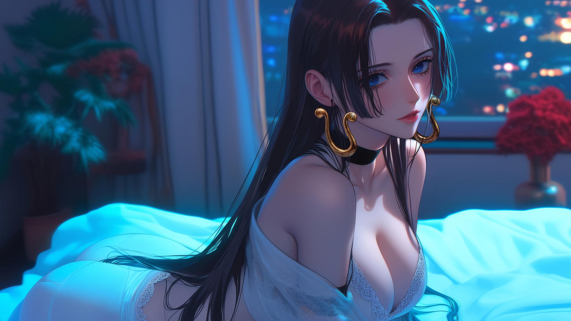 Boa Hancock from One Piece, viewed from behind, in a modern hotel room with neon light