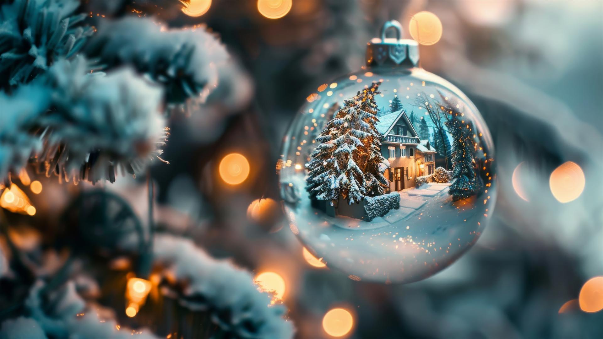 Snow-globe Christmas ornaments on tree with glowing houses and snowy landscape