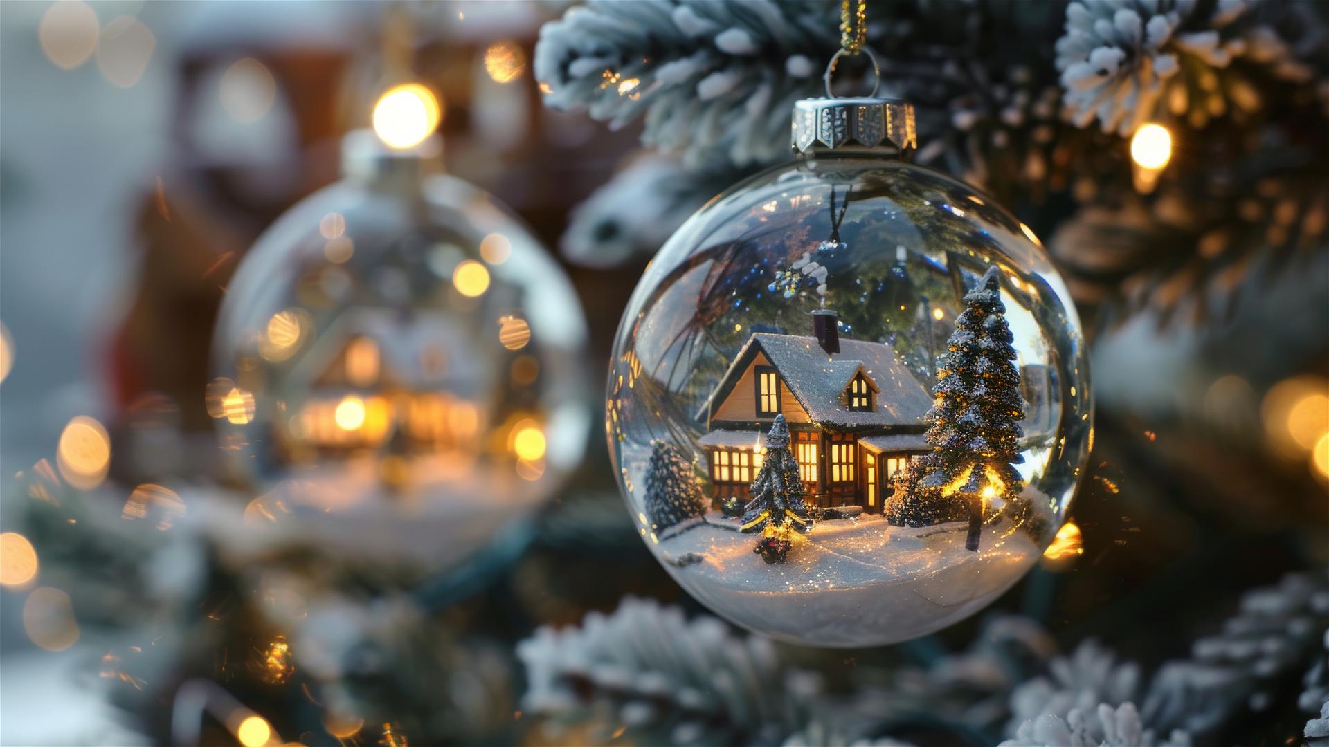 Snowy villages in glass Christmas balls on a decorated tree