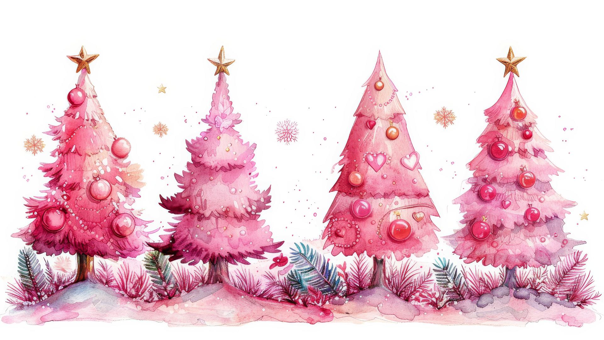 Pink Christmas trees decorated, white background