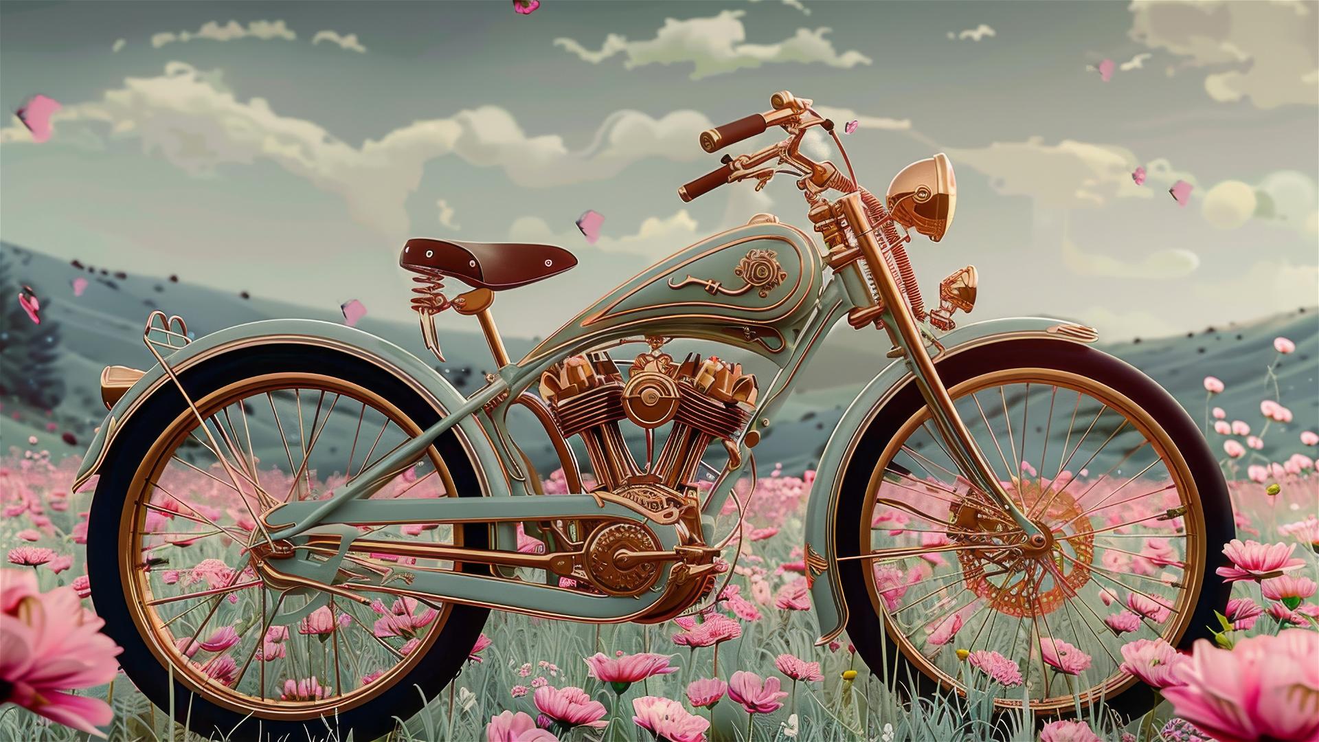 Bicycle with flora style in a meadow with red and pink flowers