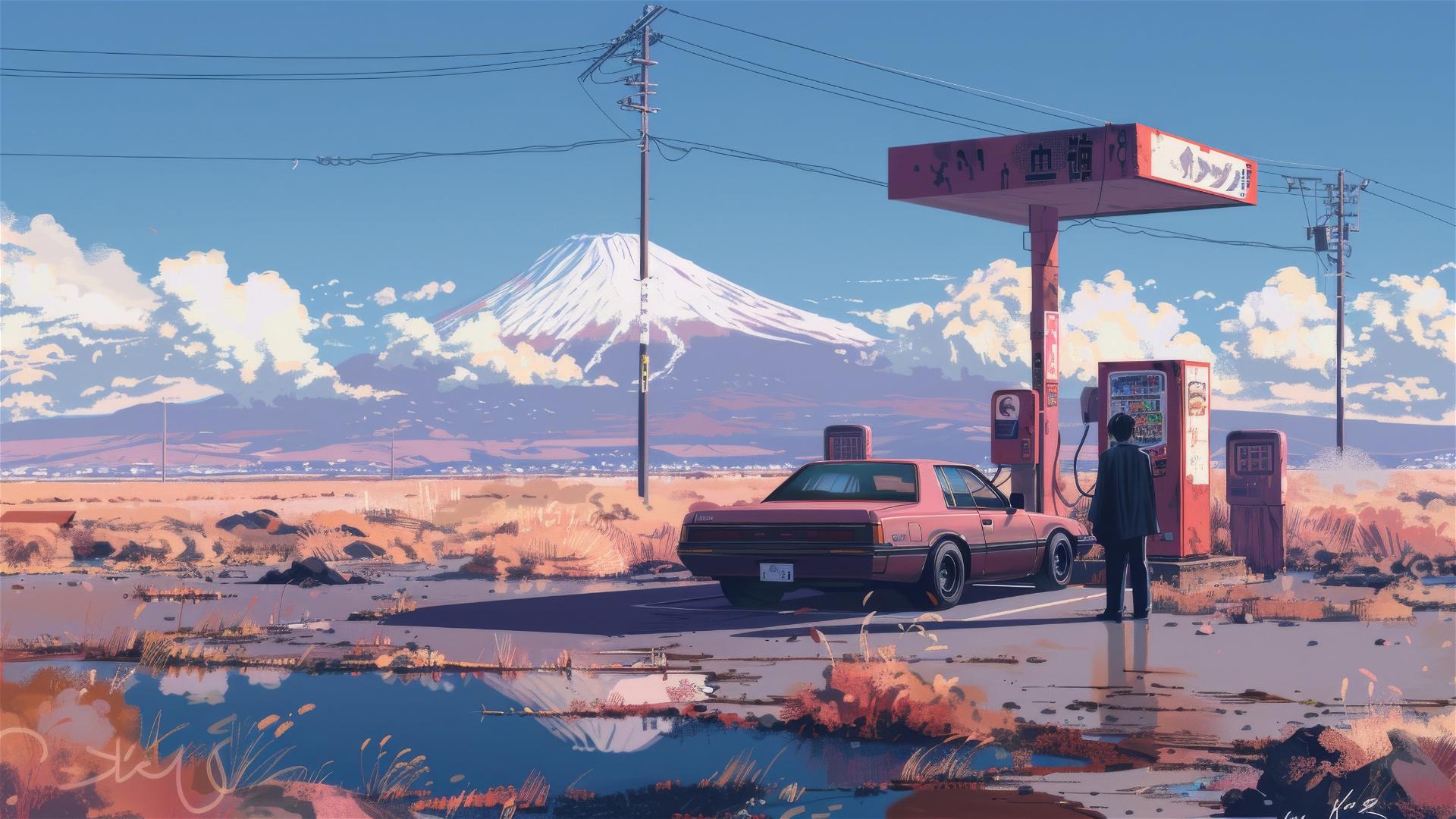 Man next to car at deserted gas station with Mount Hood in background, 80s anime style