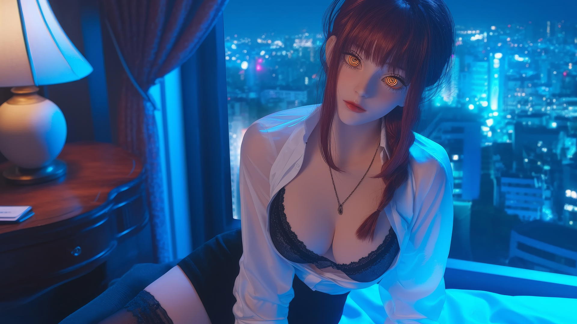 Makima from Chainsaw Man kneeling and looking up in a neon-lit hotel room.