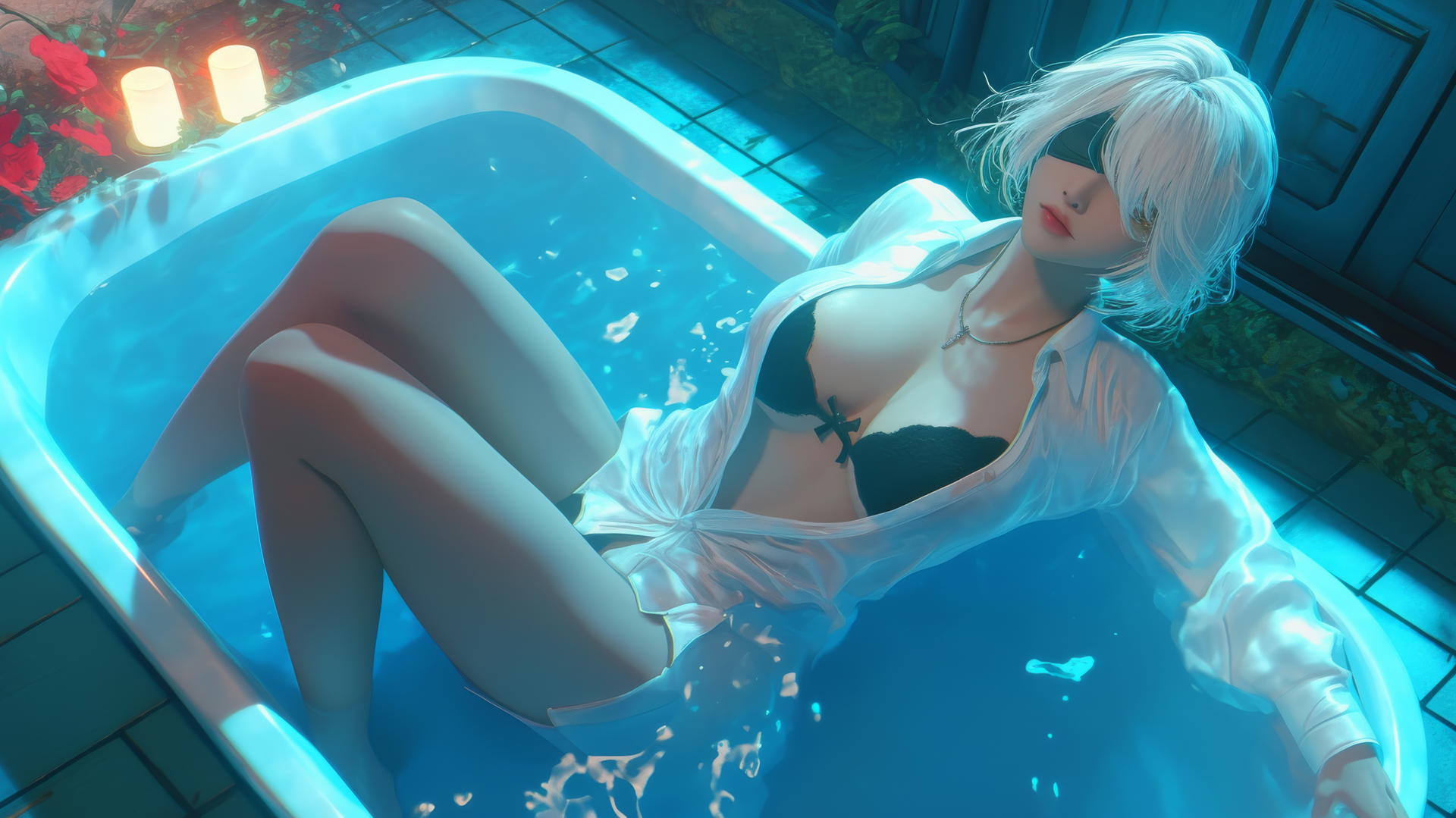 2B from Nier in a white office shirt, black blindfold, under neon light.