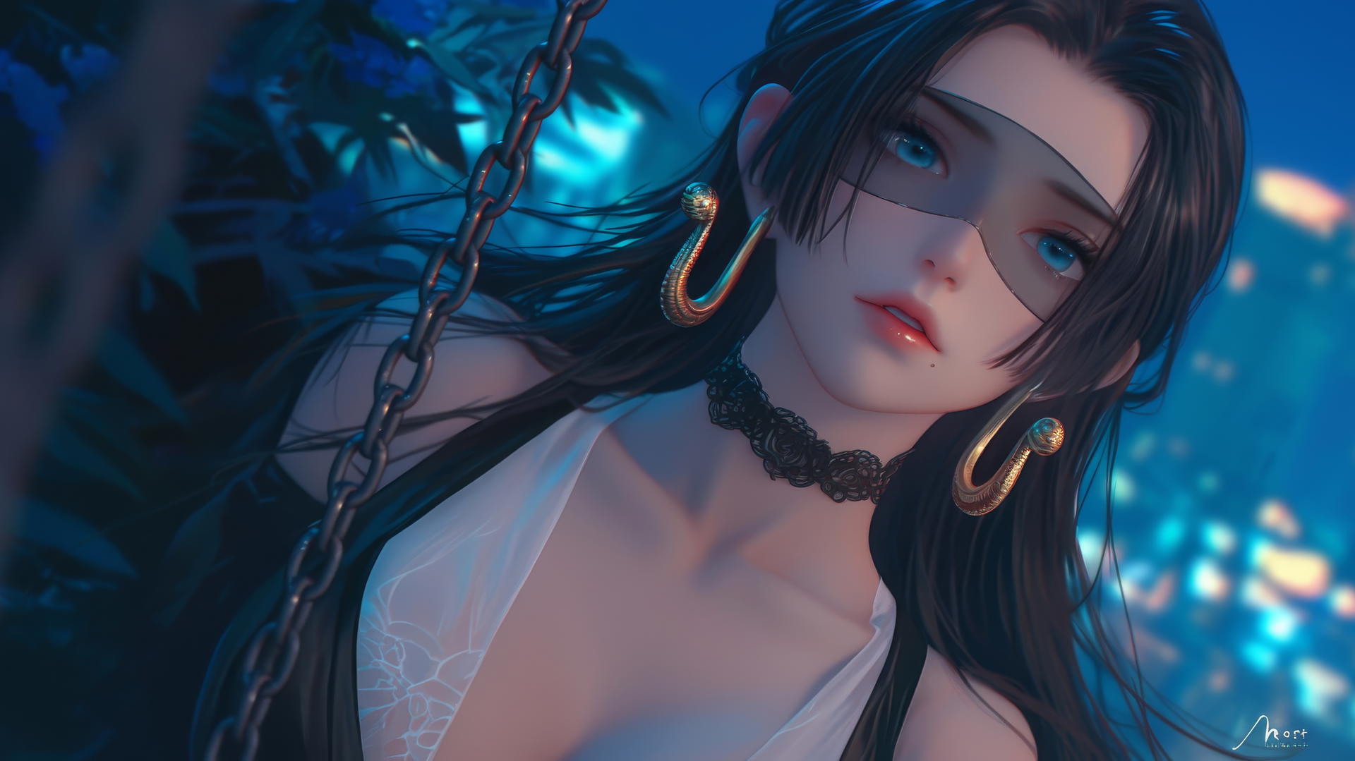 Boa Hancock blindfolded with chains, kneeling, neon-lit hotel room
