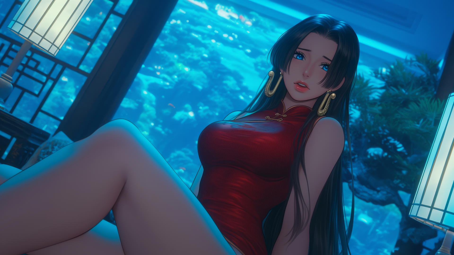 Boa Hancock kneeling in a red outfit, viewed from below with neon light glow