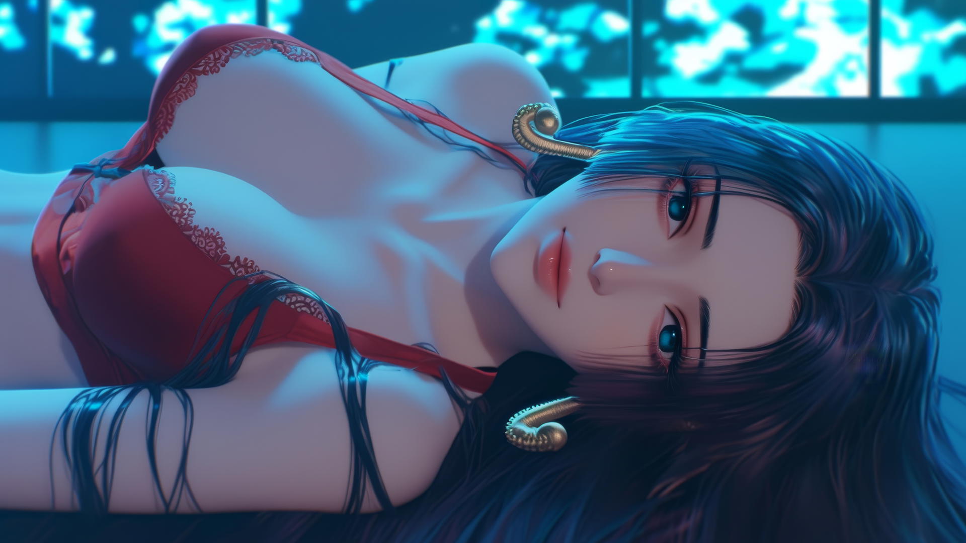 Boa Hancock from One Piece kneeling and leaning forward, neon ceiling lights glowing