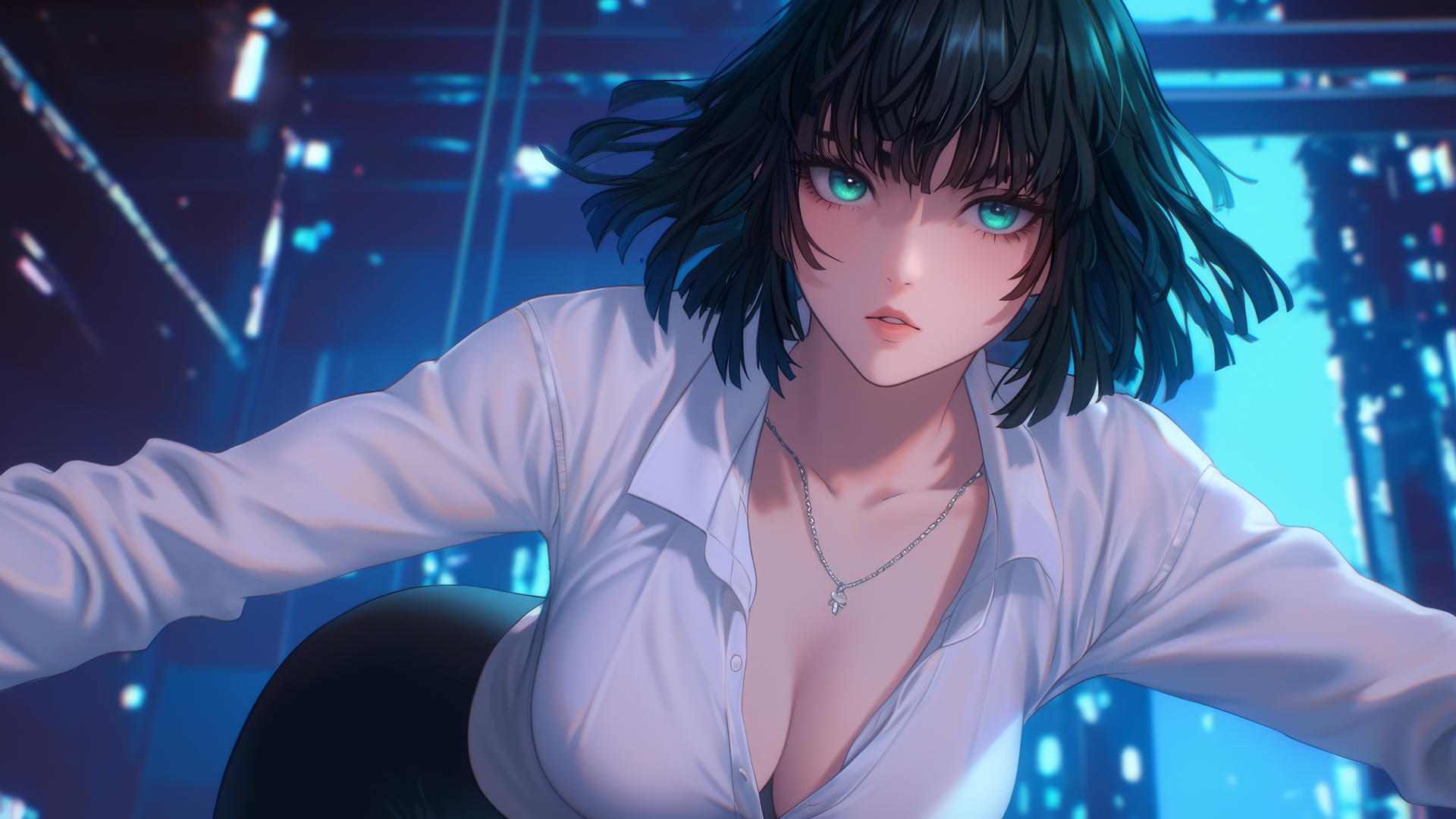 Fubuki from One Punch Man in a white office shirt, kneeling and leaning forward with a hotel ceiling background.