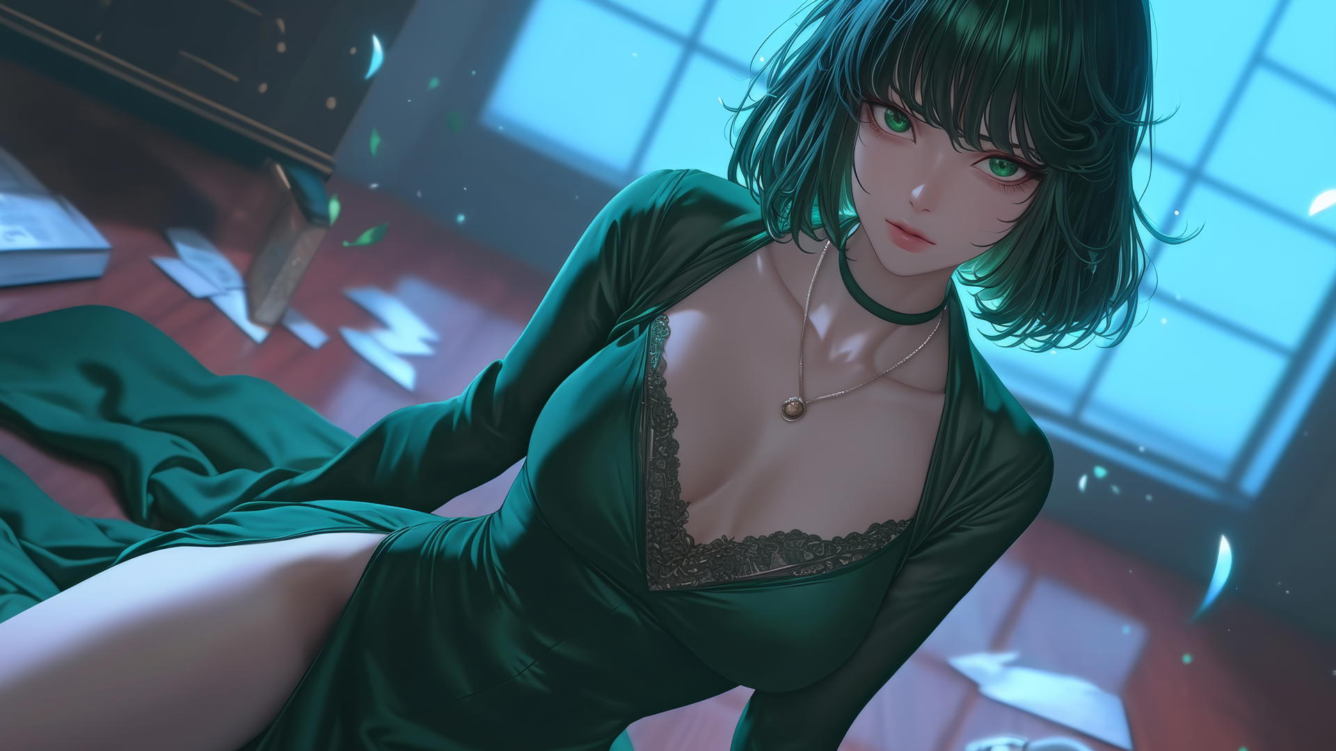 Fubuki from One Punch Man kneeling and looking up, neon light, dark green bob hairstyle, light green eyes.