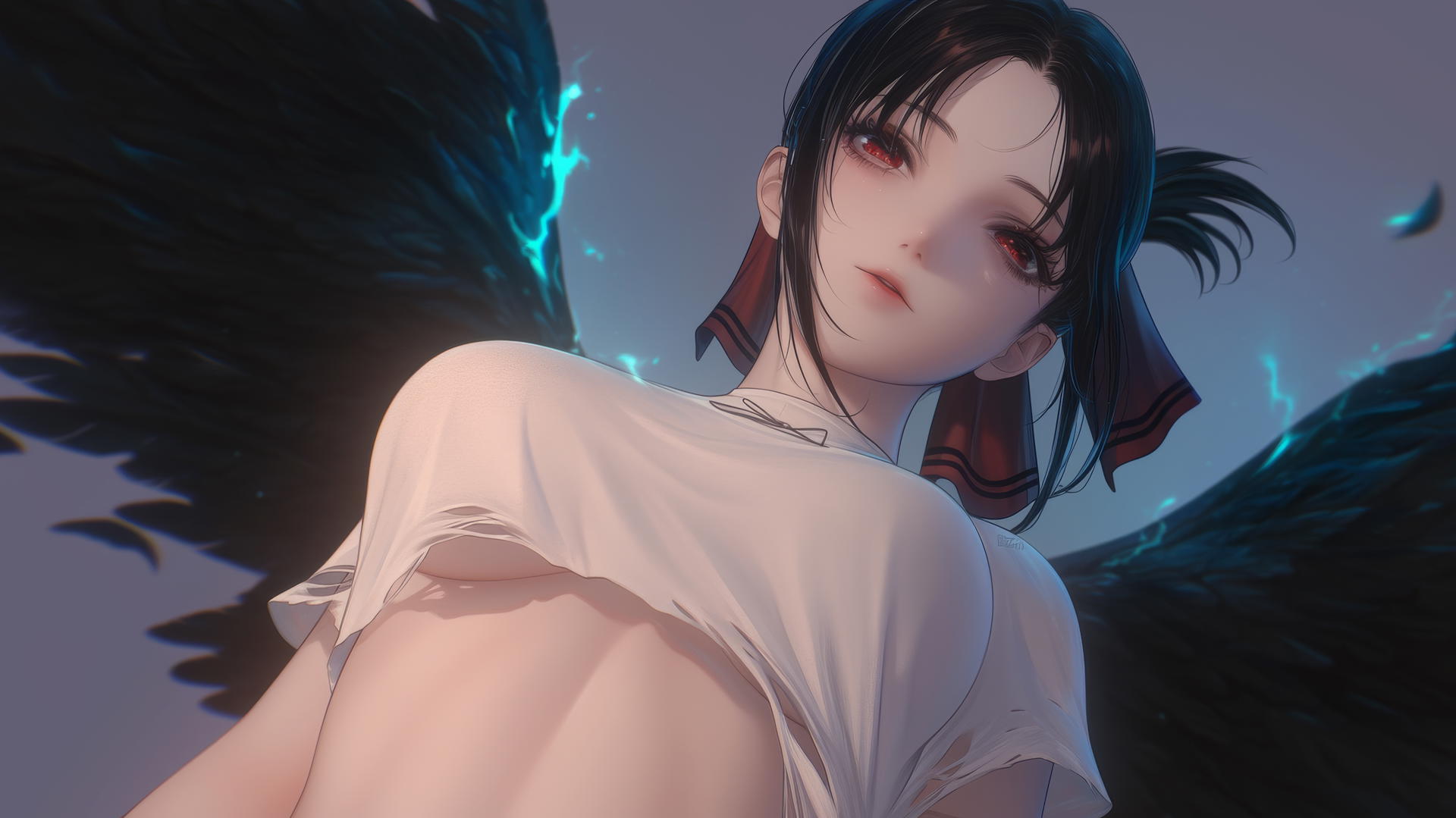 Kaguya Shinomiya kneeling, red eyes, broken t-shirt, warm and neon lights