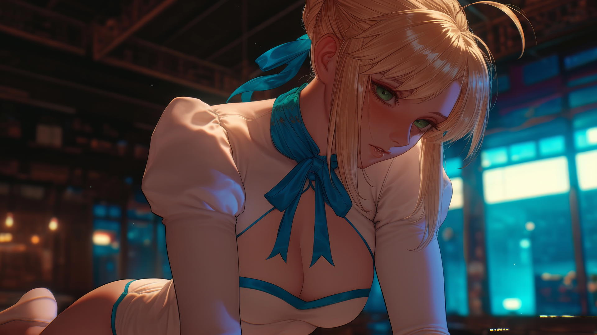 Saber from Fate Zero kneeling and looking down with a ceiling background.