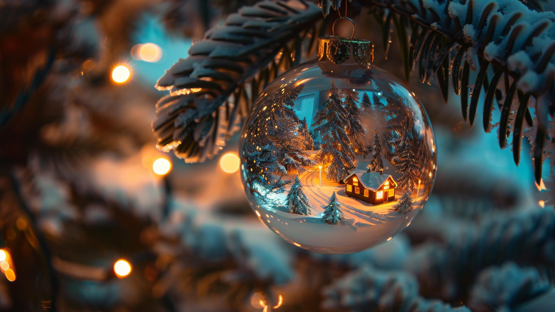 Glass Christmas balls with snowy villages, warm glows, frozen lake, and cozy Christmas feel.