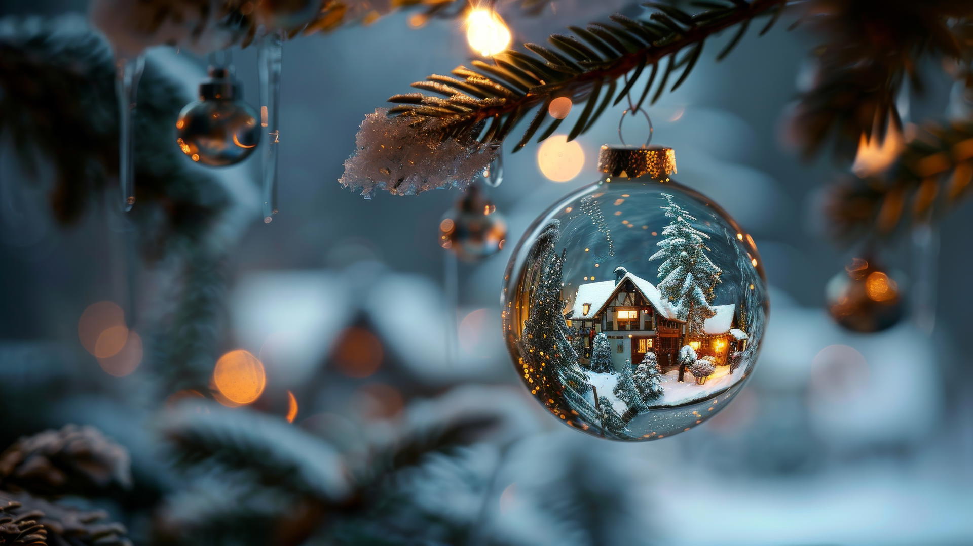 Glass Christmas balls on tree with snow-covered village inside.