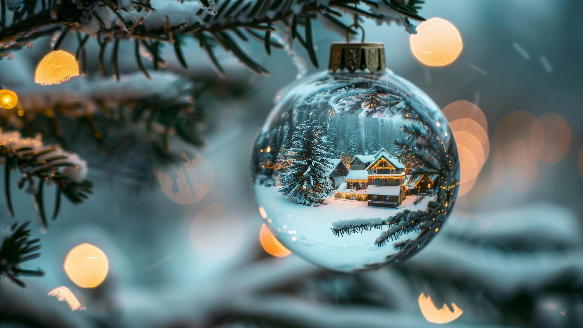 Glass Christmas balls hanging on tree with snow-covered villages inside and warm glow from houses