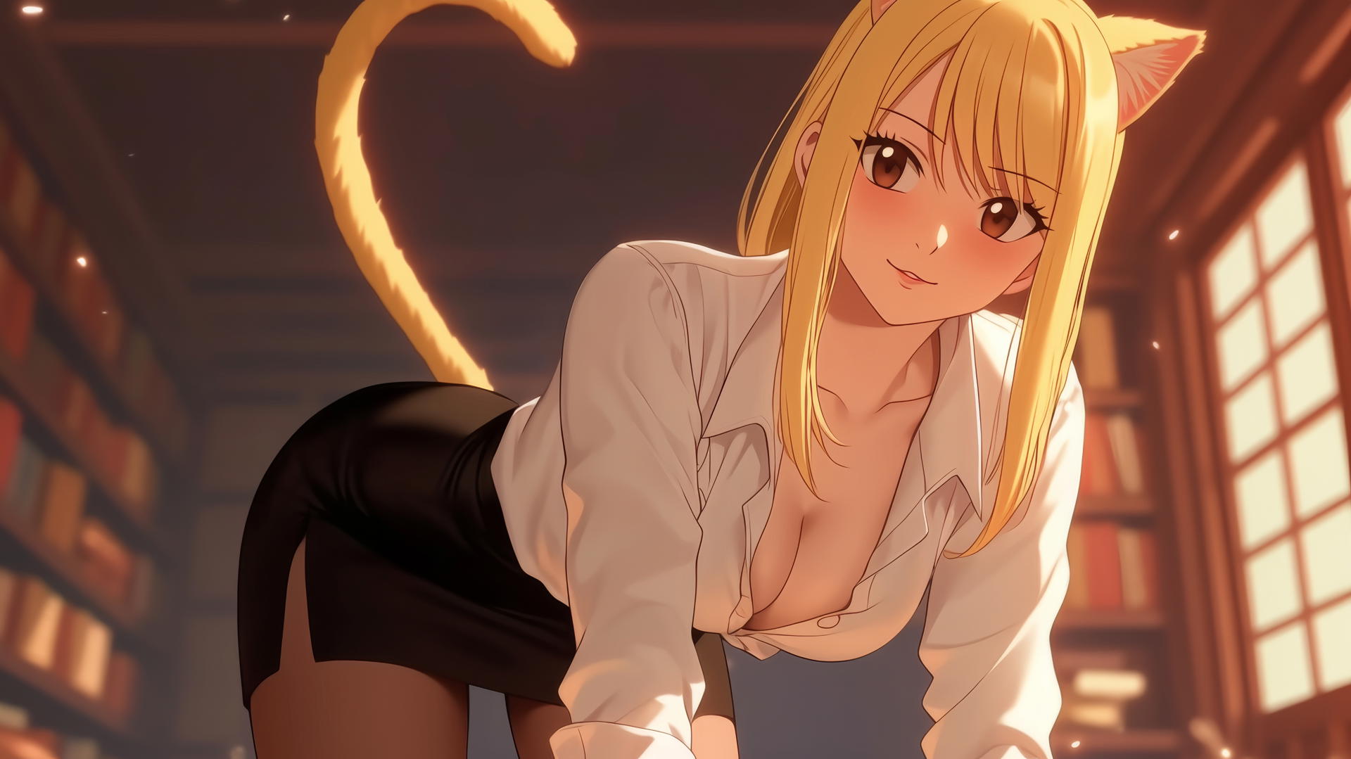 Cat girl in an office shirt kneeling, Lucy Heartfilia, blonde hair, brown eyes, warm light glow.