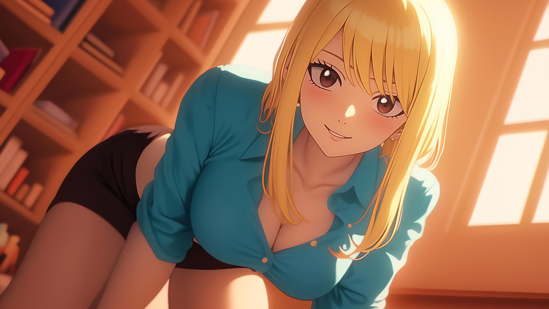 Lucy Heartfilia kneeling and leaning forward, warm light, ceiling background.