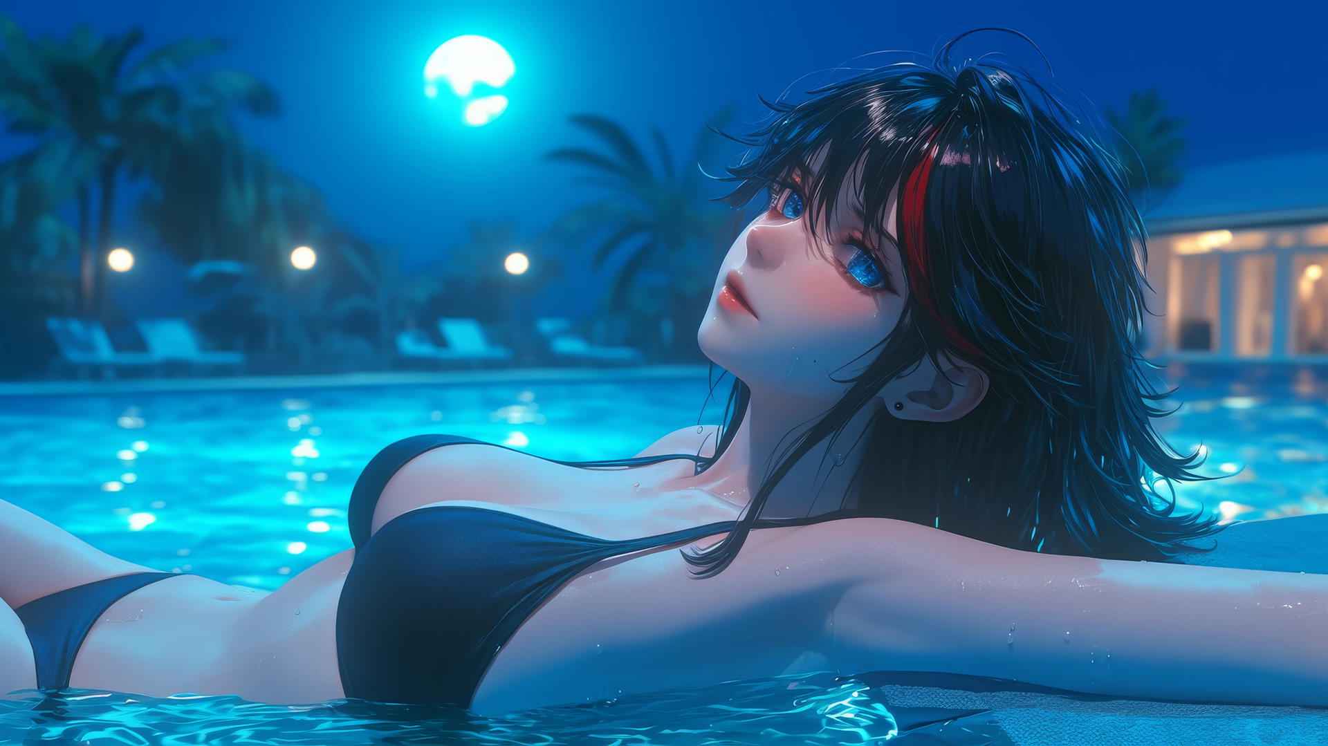 Ryuko Matoi with black feathery hair and a red streak, blue eyes with gear-shaped pupils, resting by a swimming pool under moonlight.