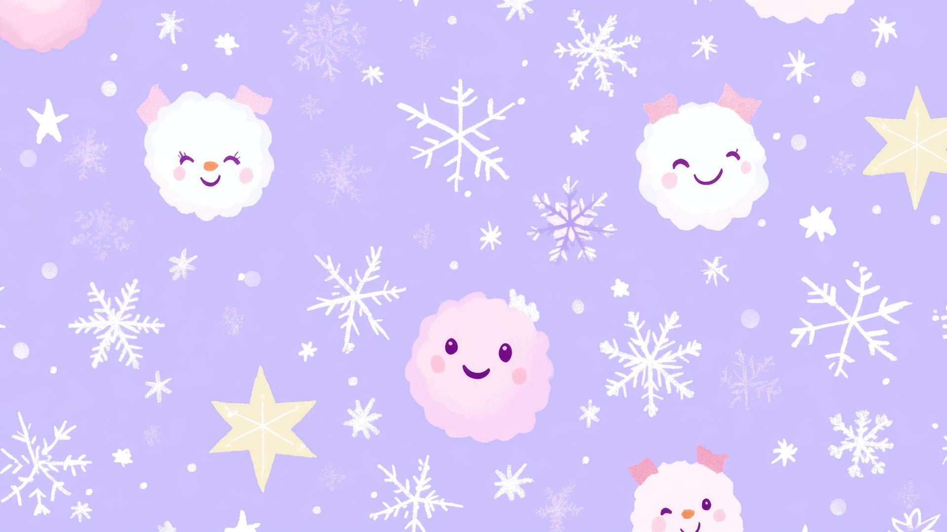 aesthetic preppy Christmas wallpaper with smiling snowflakes and stars on pastel purple