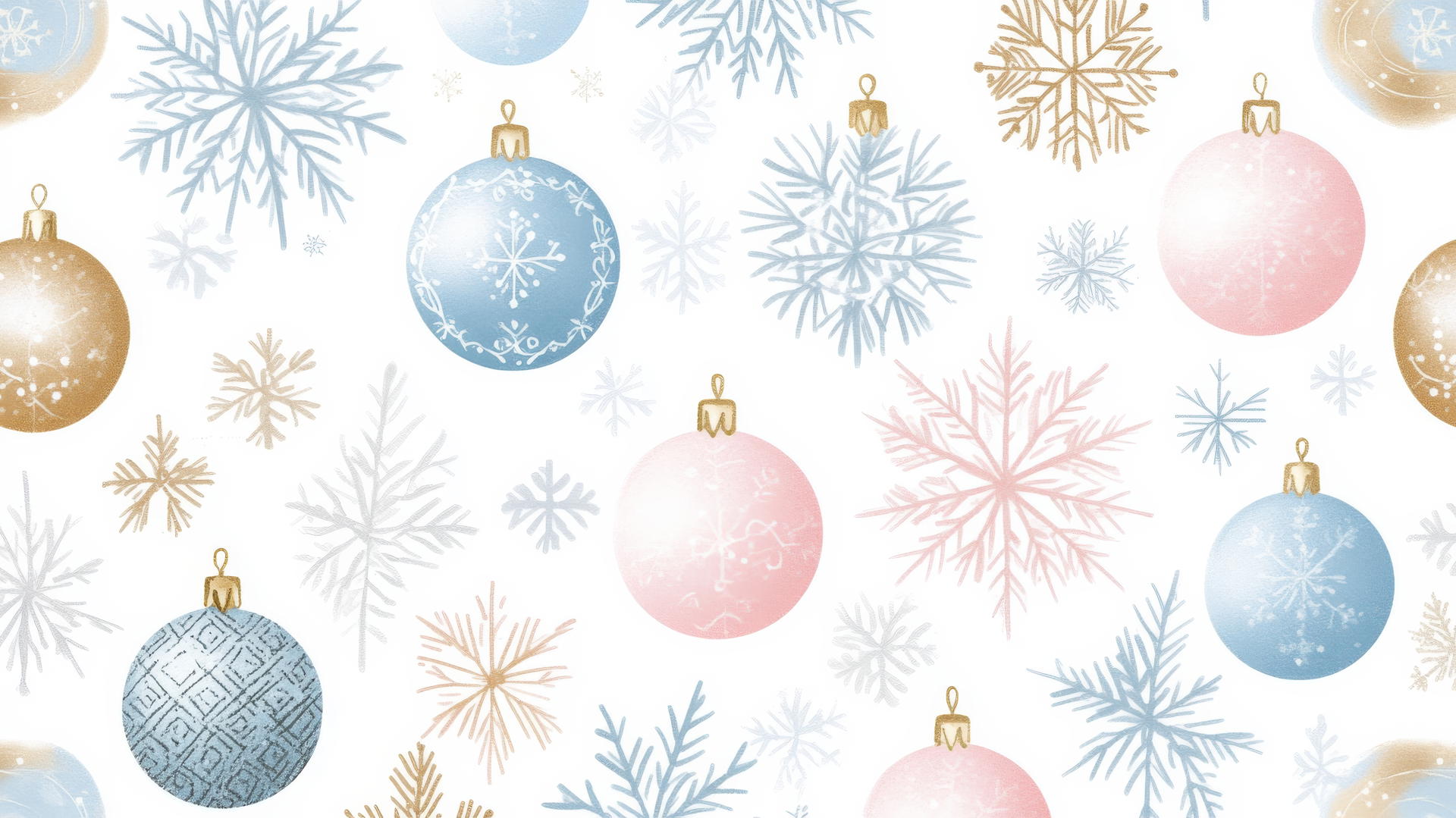 Cute preppy Christmas wallpaper with pastel pink, blue, and gold ornaments and snowflakes