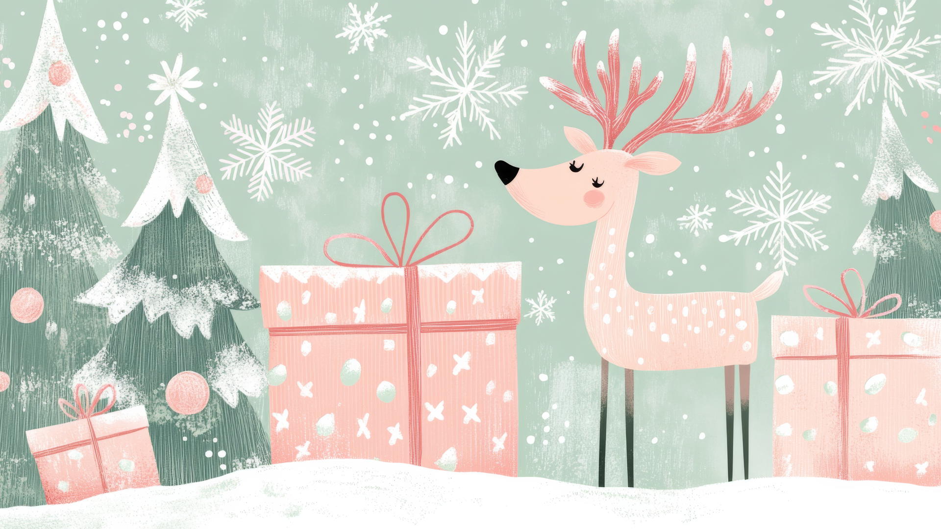 cute Christmas wallpaper preppy with reindeer, snowflakes, and wrapped gifts