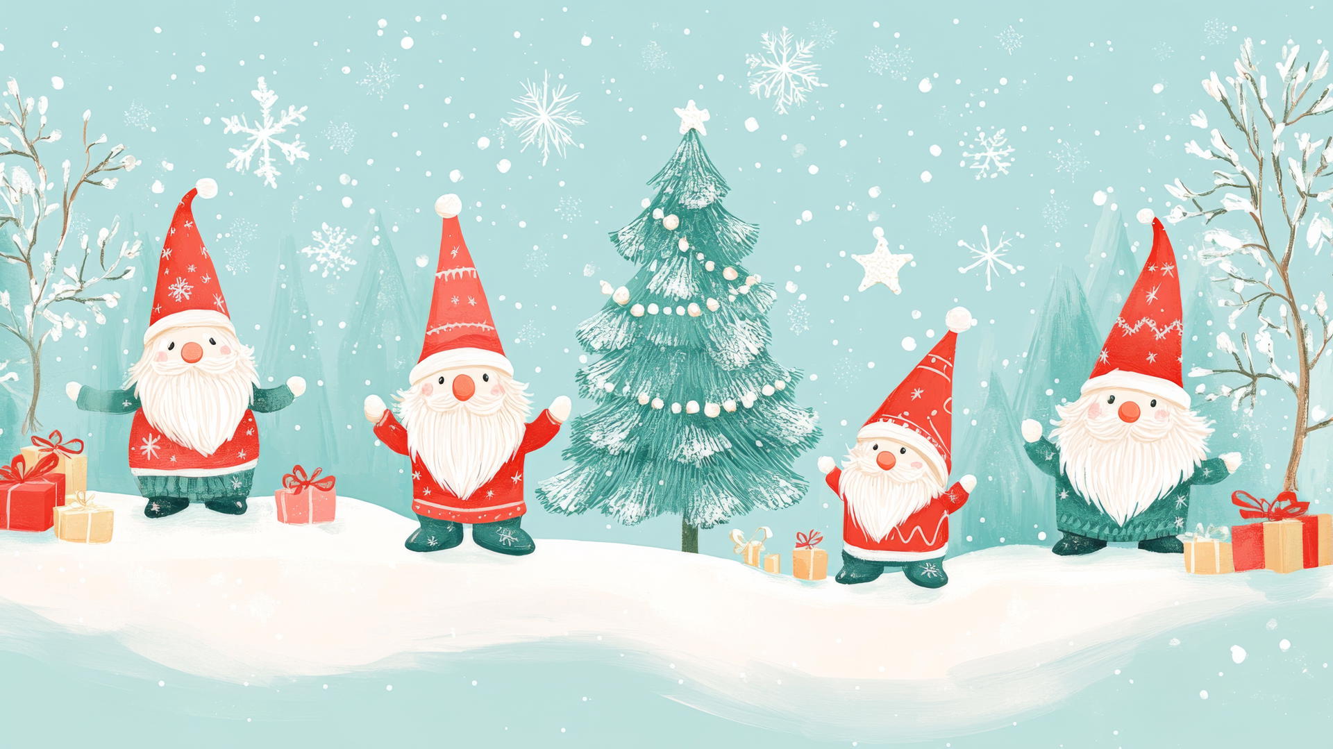 cute Christmas wallpaper preppy with gnomes, snow-covered trees, and twinkling stars