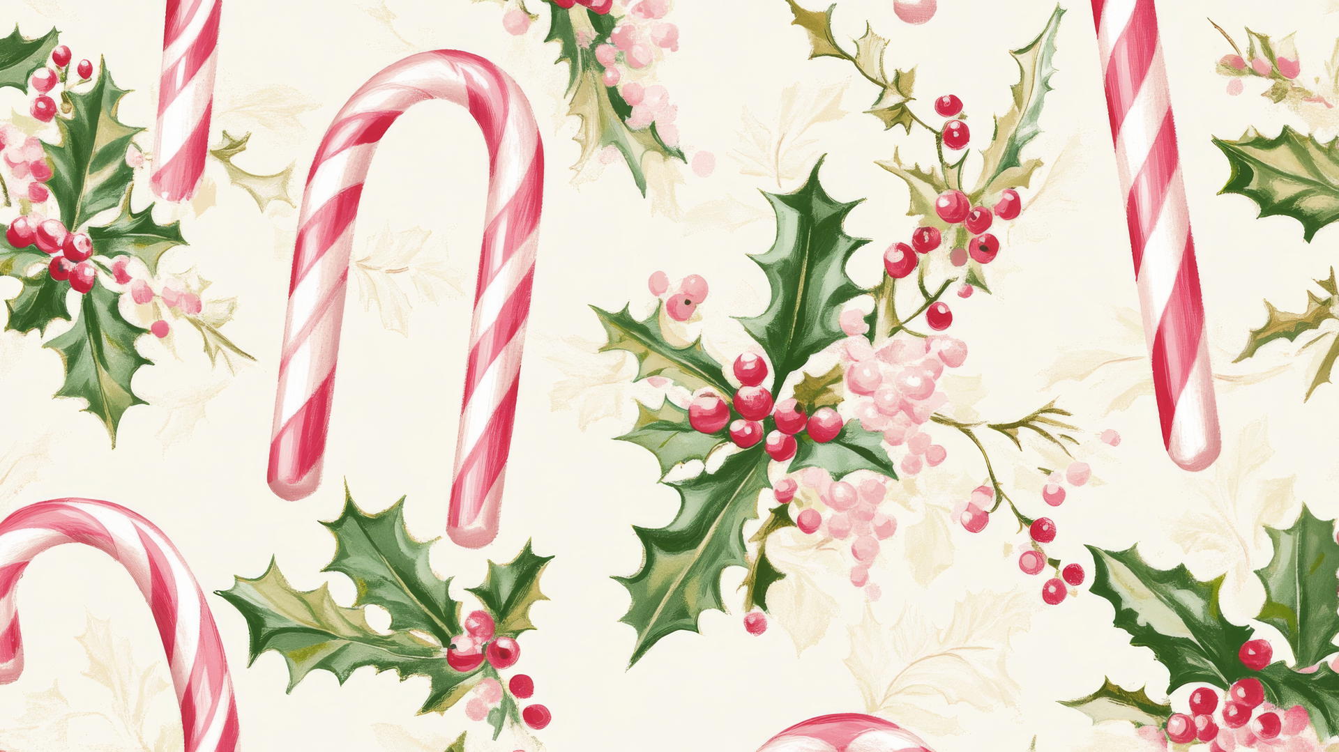christmas wallpaper preppy with pink and white candy cane stripes, holly leaves, and berries
