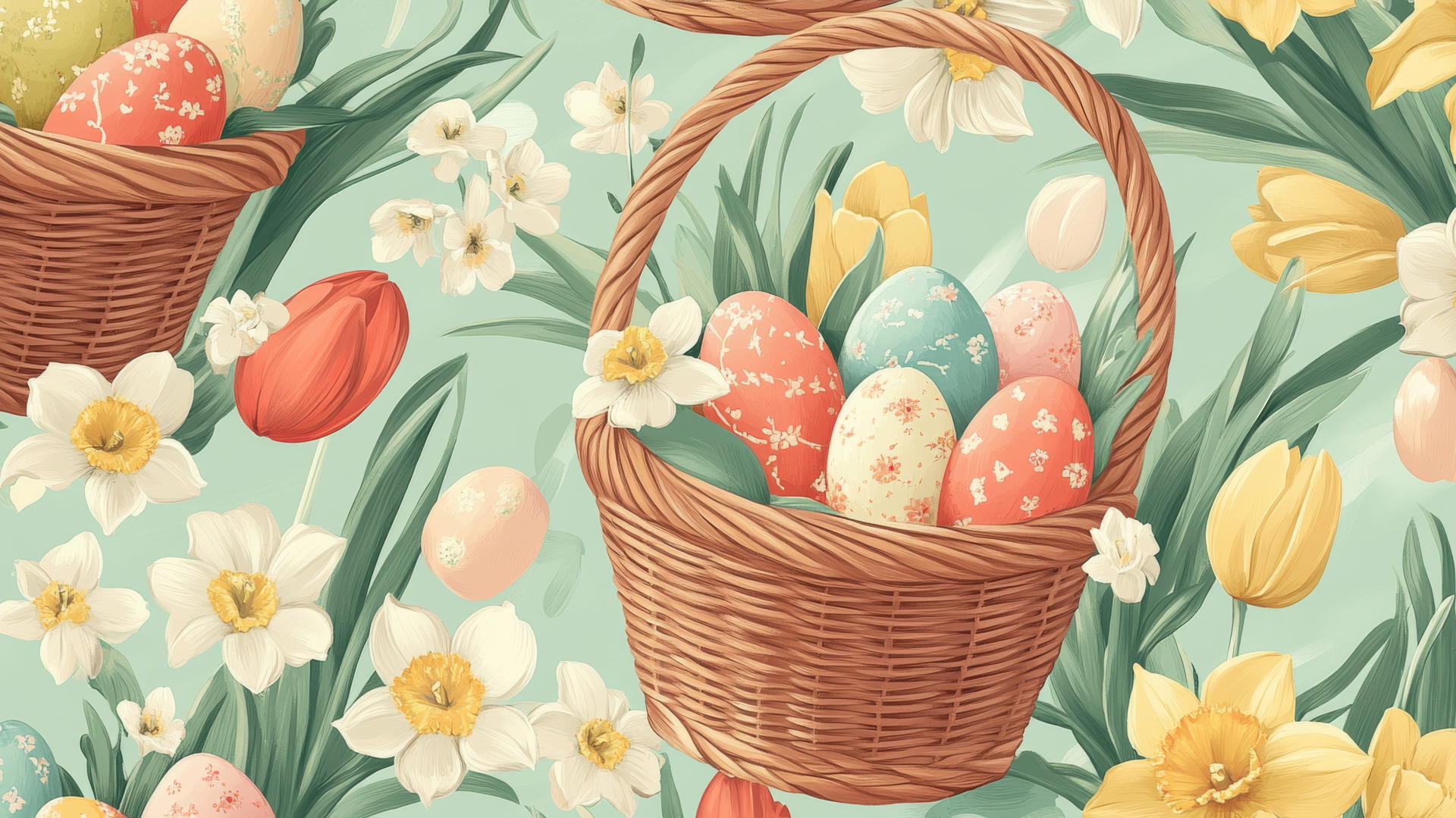 preppy Easter wallpaper with stylish baskets, colorful eggs, tulips, and daffodils