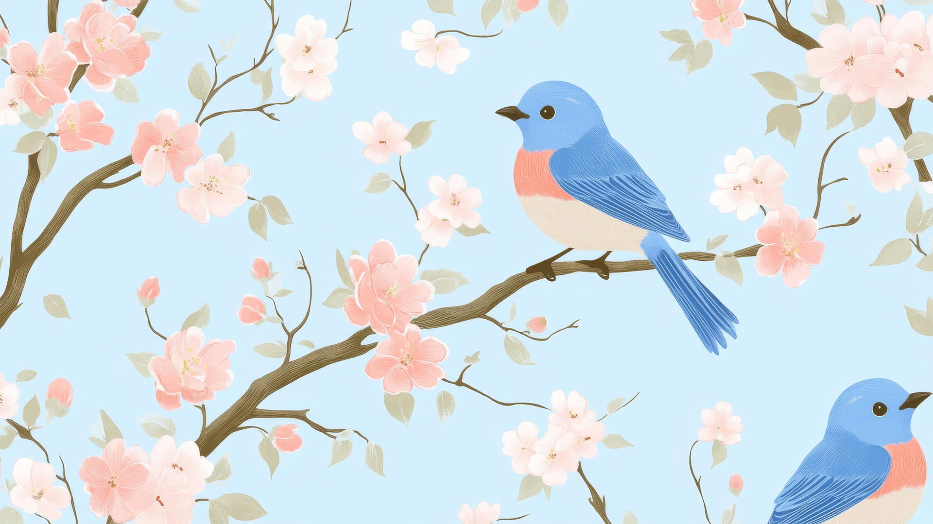 preppy blue wallpaper with cartoon bluebirds on branches with pink blossoms