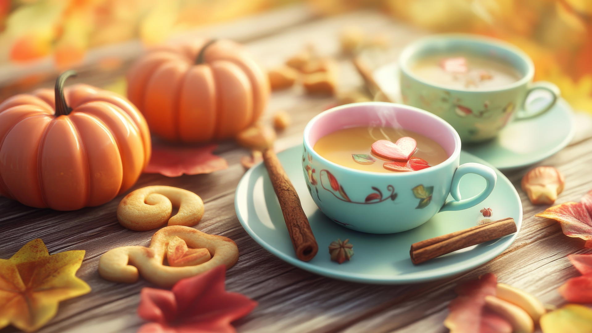 cute fall aesthetic wallpapers with pastel teacups, pumpkin cookies, and fall leaves