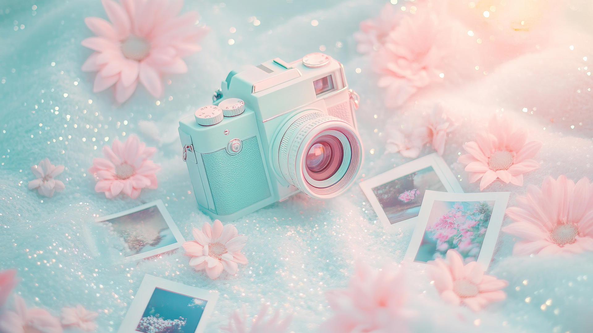 cute aesthetic wallpapers with a vintage camera, polaroid photos, flowers, and sparkles