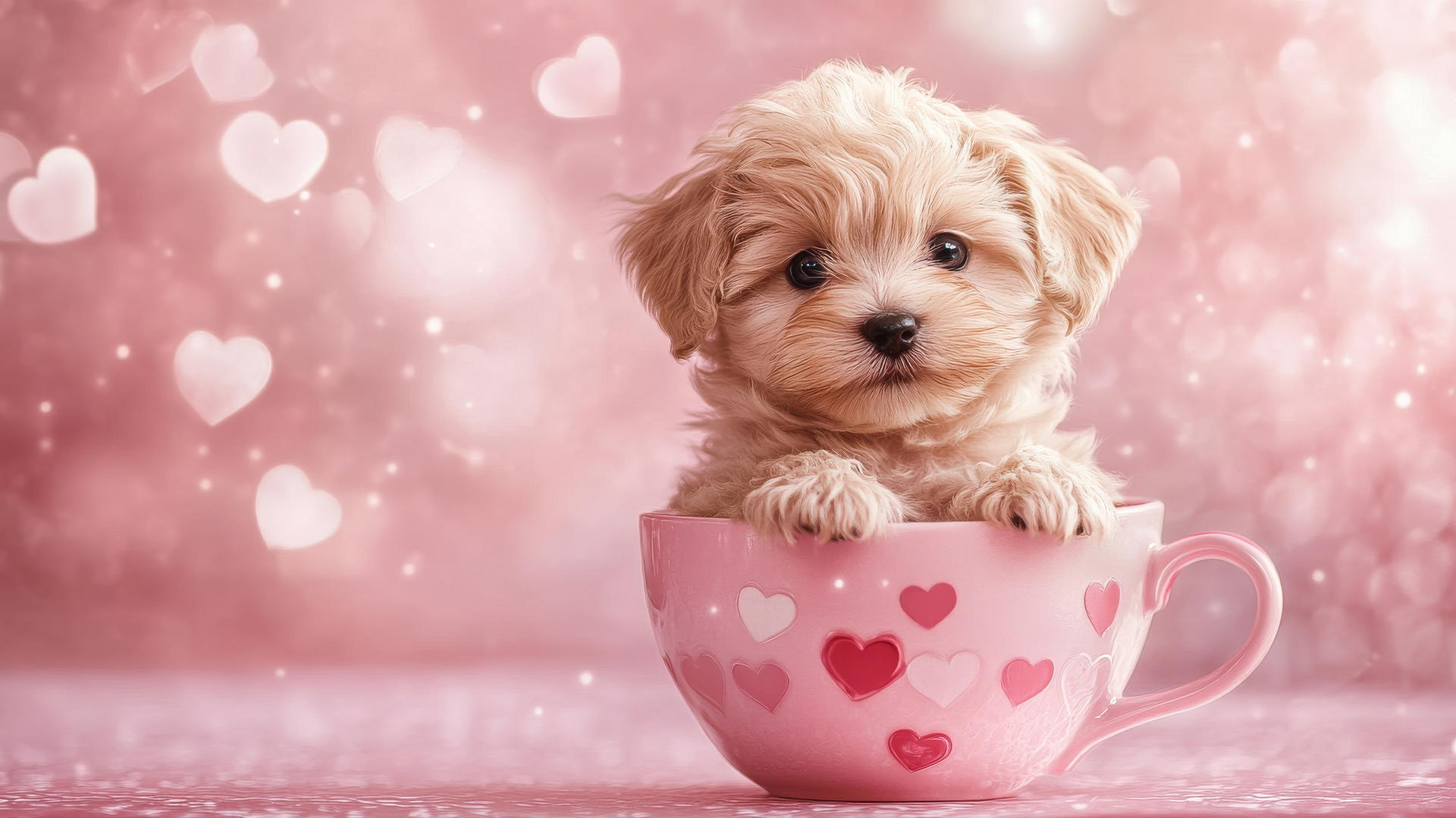 pink cute puppy wallpaper with puppy in a teacup, surrounded by hearts