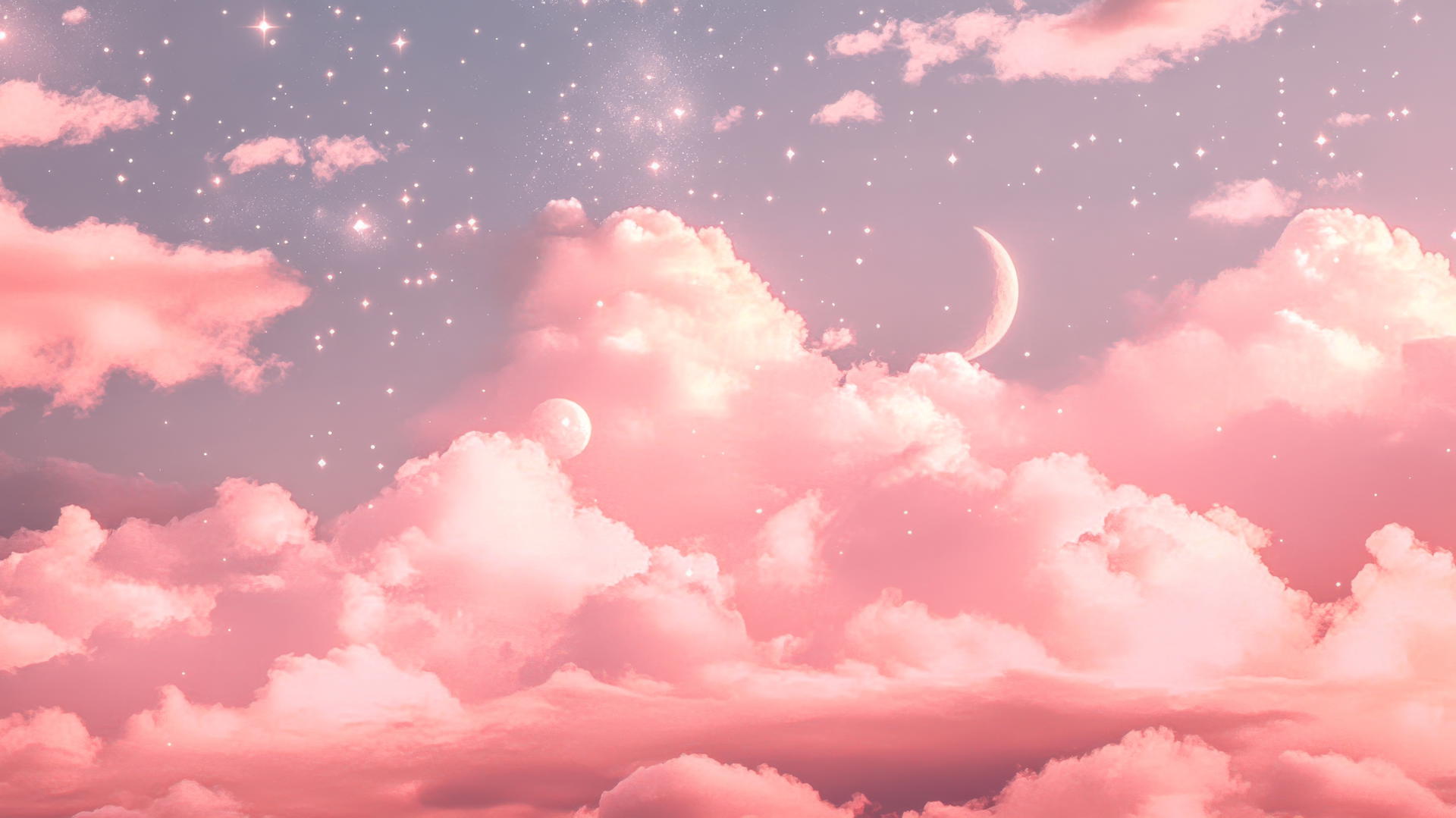 cute pink aesthetic wallpaper with dreamy cloudscape, stars, and moons