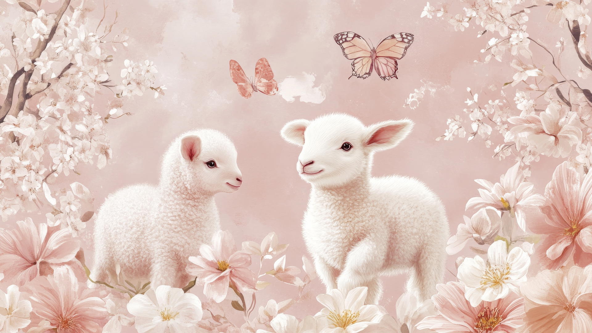 cute pink wallpaper with baby animals, flowers, and butterflies