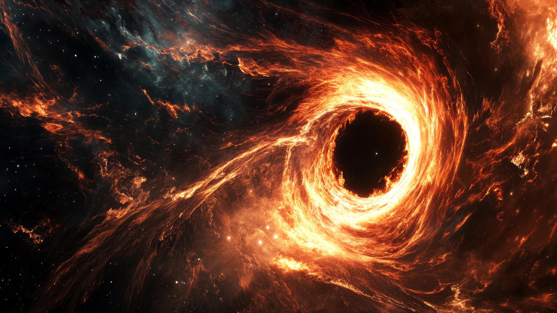 A dynamic black hole wallpaper with swirling fire and molten lava being sucked into a black hole against the coldness of space.