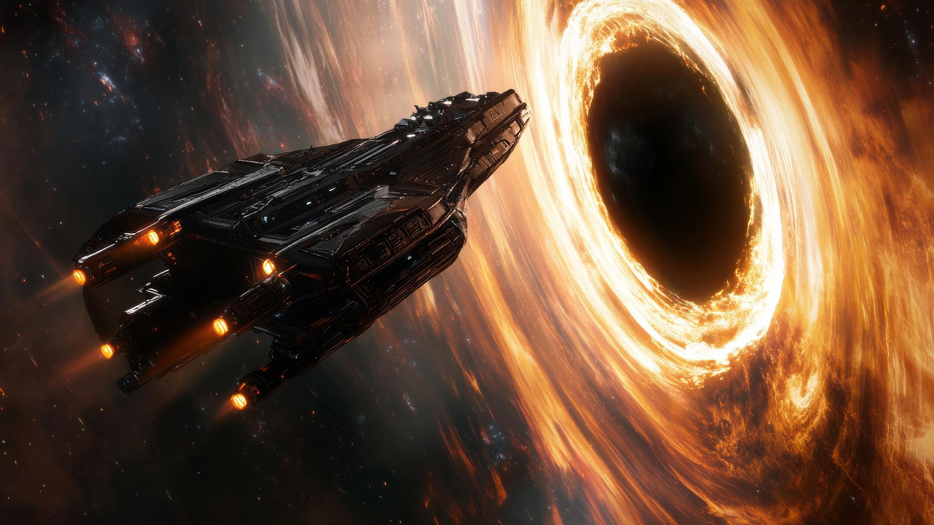 sci-fi black hole wallpaper with a spaceship near a black hole