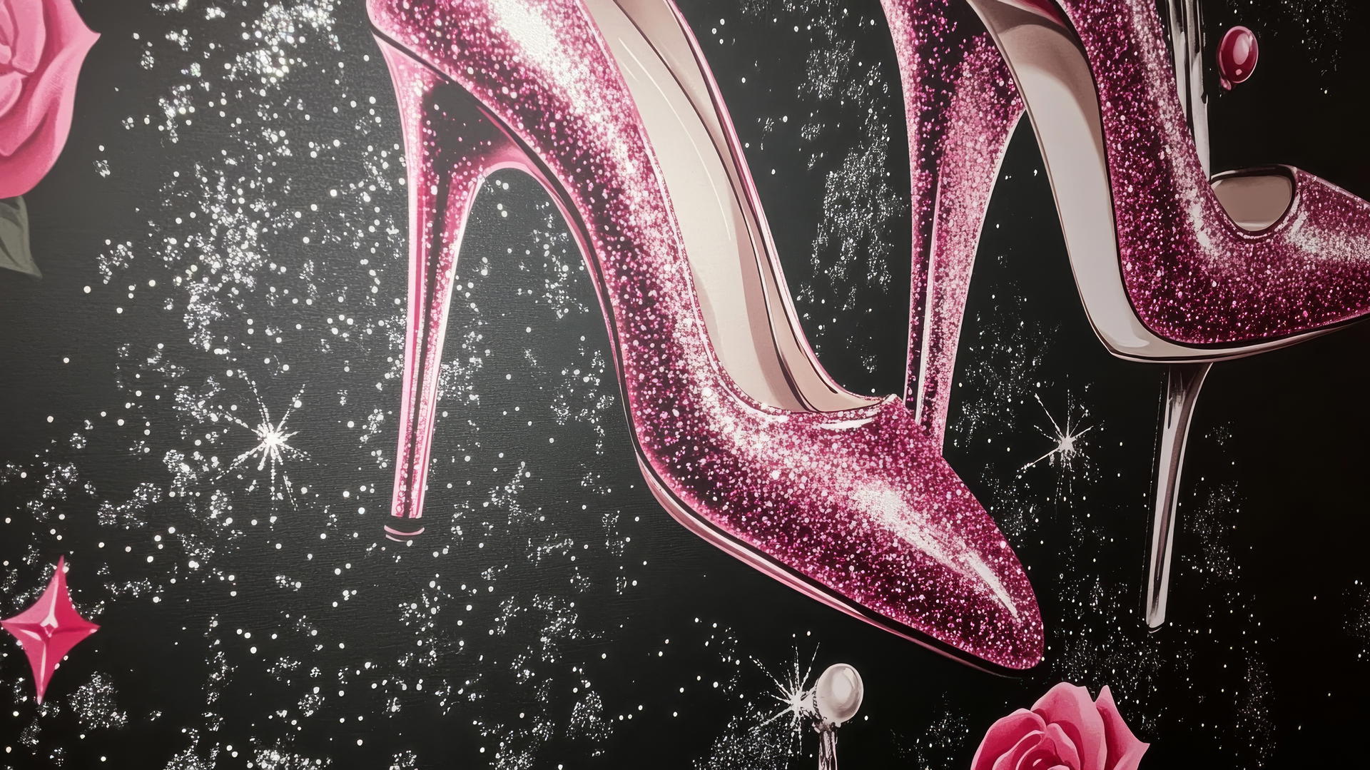 black wallpaper for girls with glittery pink high heels and lipstick