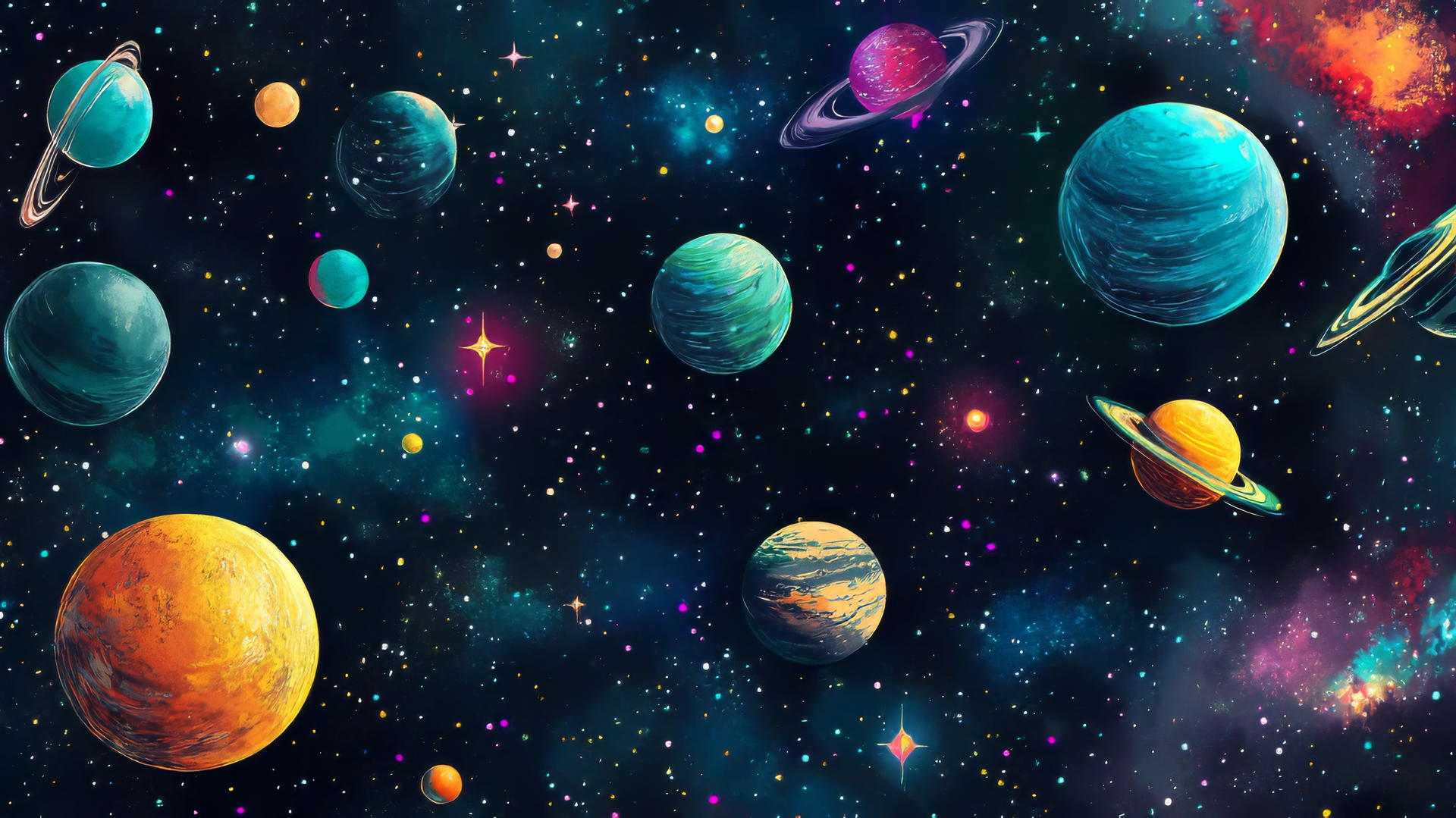 Black wallpaper for girls featuring cosmic galaxies, stars, and planets in vibrant hues.