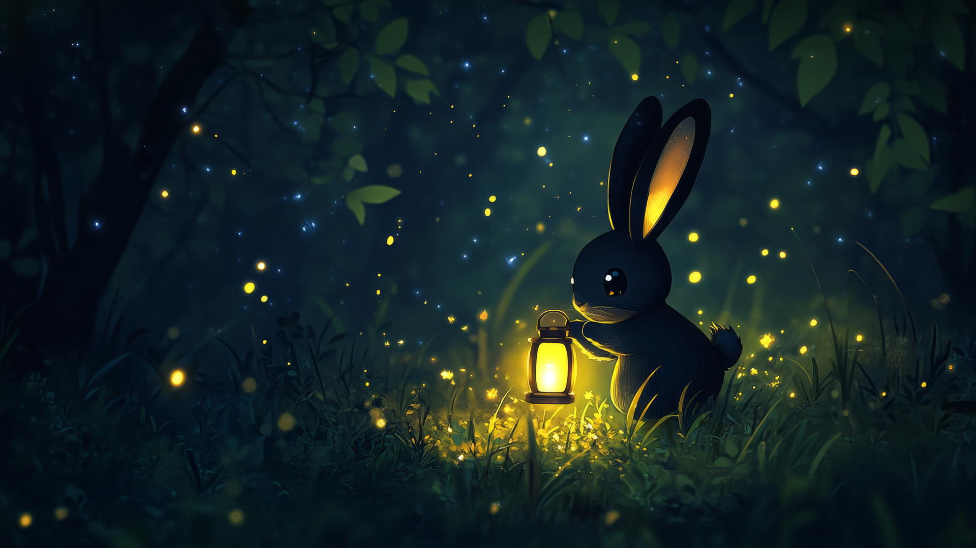 Cute black wallpaper with a kawaii bunny holding a glowing lantern in a dark forest