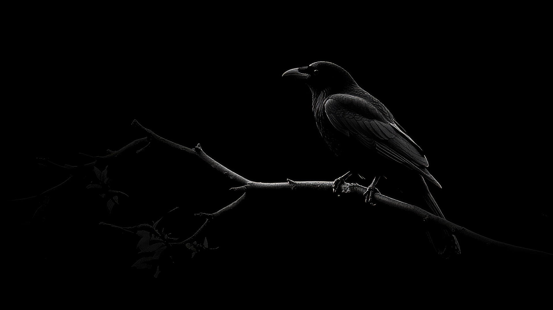 aesthetic wallpaper black with crow silhouette on branch against pitch-black sky
