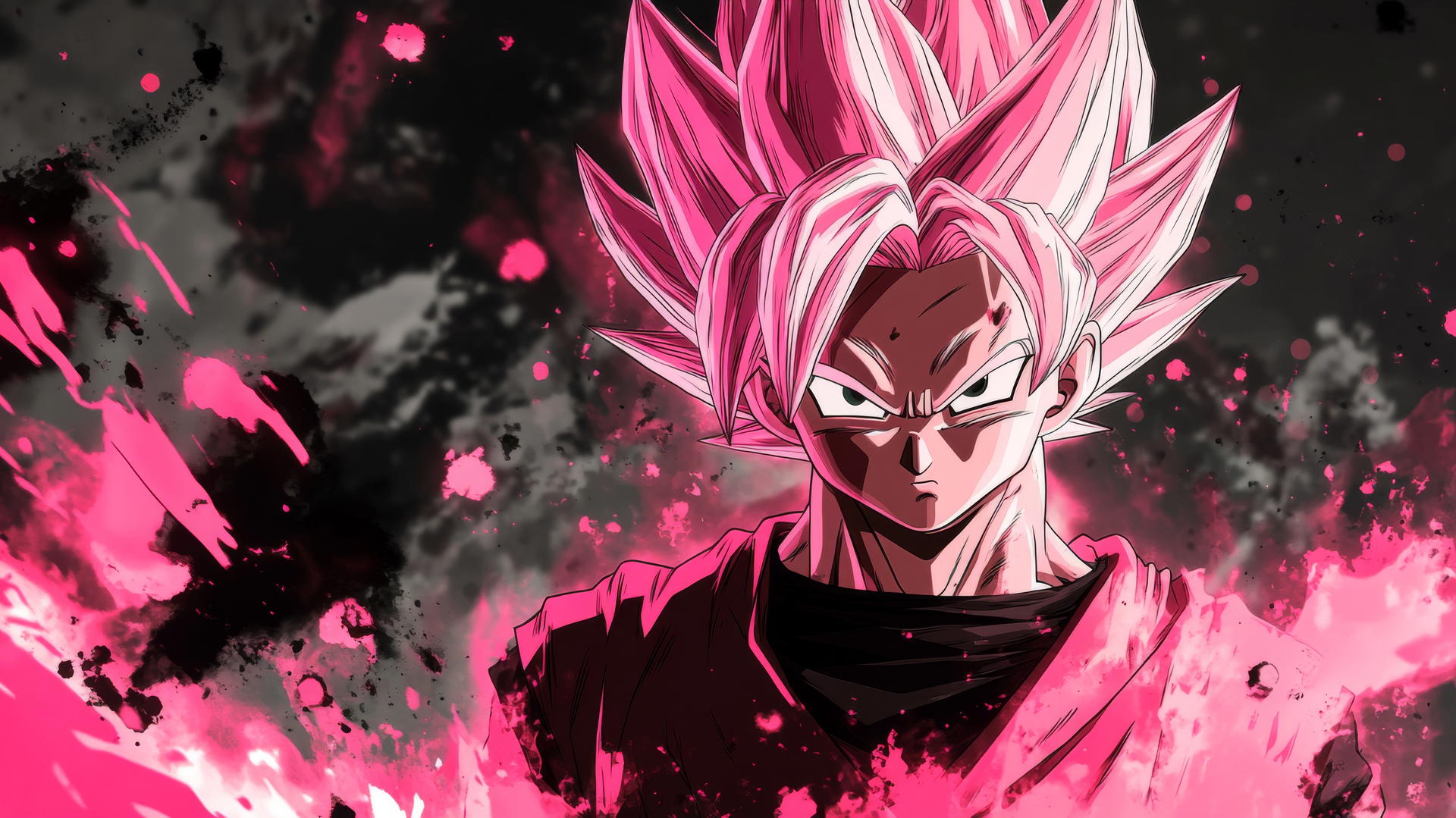 Goku Black wallpaper 4k, calm yet menacing pose, Super Saiyan Rosé hair glowing