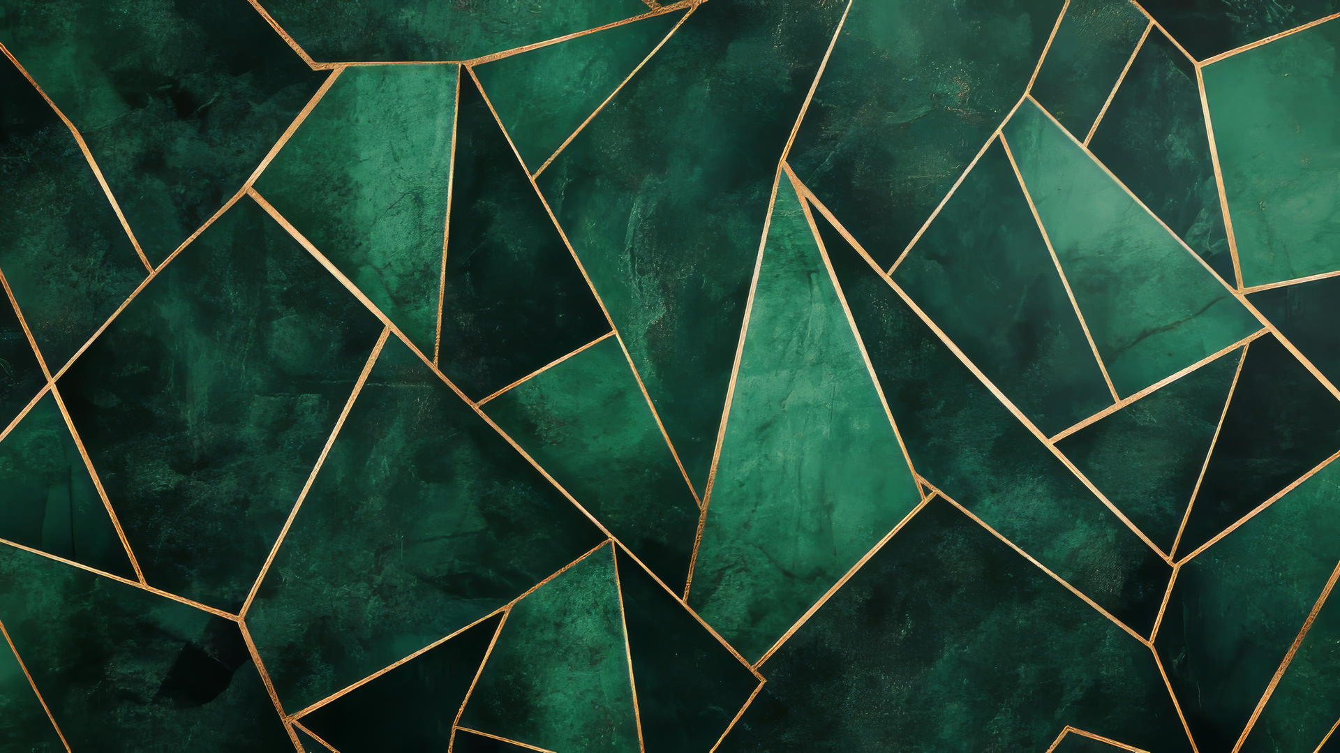 Emerald green wallpaper with abstract geometric pattern and thin gold lines