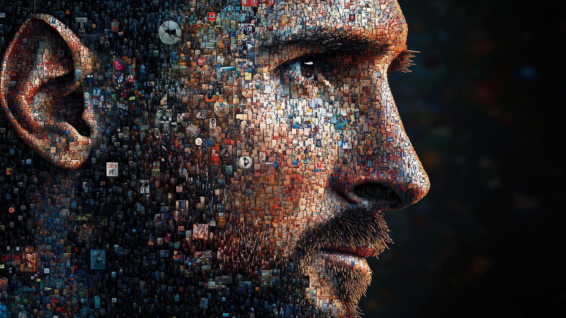 wallpaper messi 4k, mosaic of Messi’s face made of soccer icons